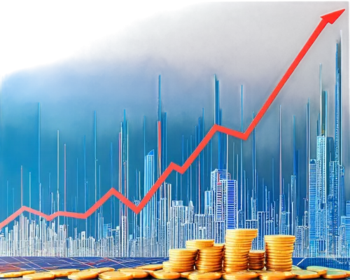 Economic graph, financial data, line chart, blue and red lines, grid background, 3D bars, golden coins, stock market, world map, cityscape, skyscraper, morning sunlight, shallow depth of field, warm c