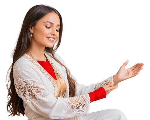 Kneeling woman, hands clasped together, eyes closed, gentle smile, soft golden light, warm color tone, shallow depth of field, cinematic composition, 3/4 view, flowing white robe, intricate lace detai