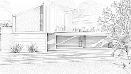 a drawing of a house with an abstract roof,sketchup,house drawing,landscape design sydney,mid century house,neutra,cantilevers,Design Sketch,Design Sketch,Hand-drawn Line Art