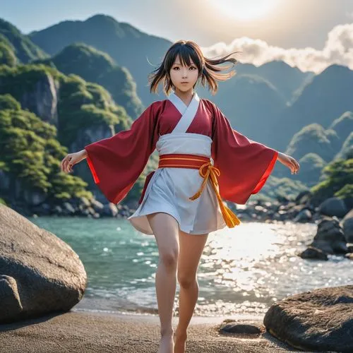 flying anime character,japanese style,girl,rocks,a young woman is walking along the shore,gakki,xiaoyu,utada,inuyasha,anime japanese clothing,kanako,Photography,General,Realistic