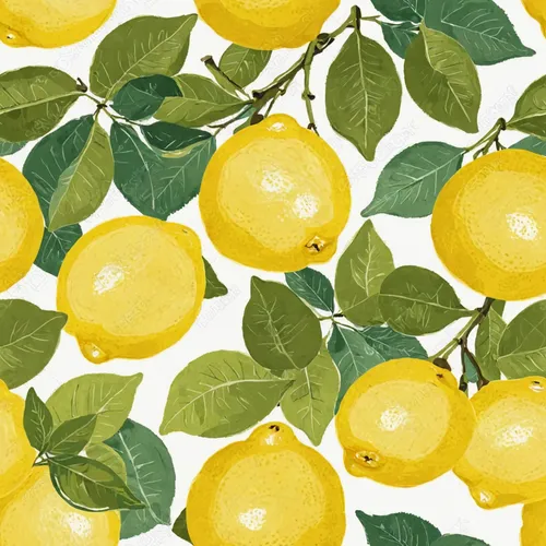 Lemony Fresh Pattern wallpaper. This fun, contemporary pattern features bright yellow lemons with green leaves mixing and mingling. The vivid color will brighten your space and make it cheerful.,a wat