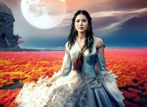 a woman wearing an ornate dress and a long flowing skirt in front of a spooky backdrop,sirenia,arwen,xandria,delain,tatia,blue moon rose,Illustration,Realistic Fantasy,Realistic Fantasy 01