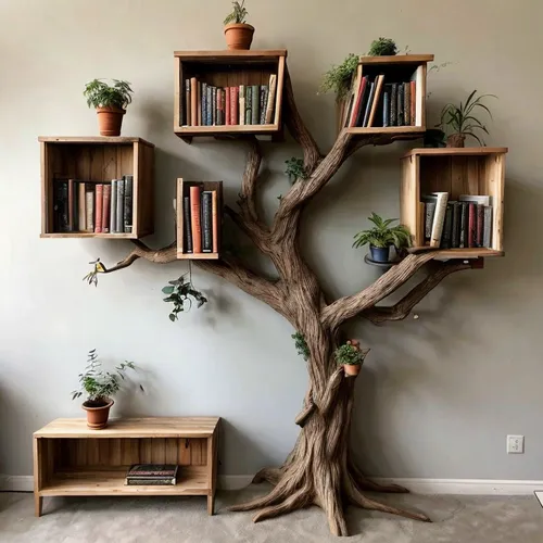 bookshelves,bookshelf,bookcase,wooden shelf,shelving,book wall,shelves,bonsai tree,ficus,cardstock tree,bonsai,potted tree,maple bonsai,wisteria shelf,scratch tree,wood art,penny tree,modern decor,pla