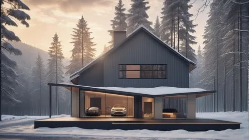 a house with an automobile in front of it, in the style of solarizing master, dark gray and light beige, atmospheric ambience, tenwave, winter, snow, forest,winter house,small cabin,snow house,the cab