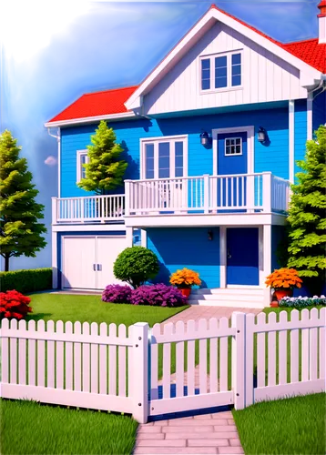 house painting,houses clipart,white picket fence,summer cottage,new england style house,home landscape,3d rendering,seaside country,model house,dreamhouse,cottage,residential house,two story house,holiday villa,bungalow,bungalows,seaside resort,large home,little house,beach house,Illustration,Realistic Fantasy,Realistic Fantasy 19