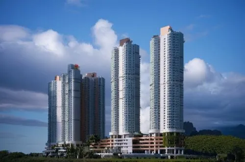 two tall buildings with red and white tops sitting in a grassy area,international towers,condominia,capitaland,condominiums,escala,residential tower,Photography,General,Cinematic