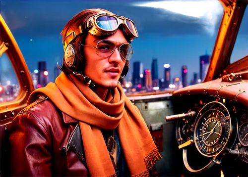 vintage aircraft, old propeller plane, rusty metal body, worn-out leather seats, antique cockpit instruments, pilot wearing goggles, scarf flowing in wind, nostalgic atmosphere, warm color tone, soft 