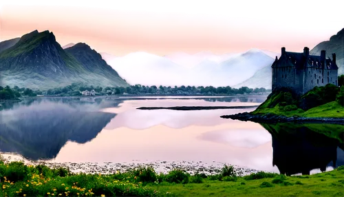 Highland landscape, misty mountains, Eilean Donan Castle, serene lake, rugged cliffs, green hills, traditional Scottish houses, stone walls, wildflowers, morning fog, soft golden light, panoramic view