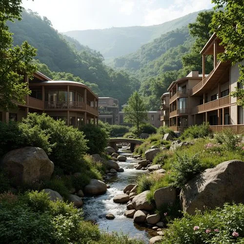 Sweeping hills, lush green forests, meandering streams, rustic stone walls, wooden bridges, vibrant wildflowers, natural rock formations, modern architectural elements, curved lines, cantilevered stru