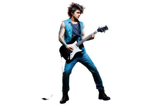 Psychedelic musician, male, young adult, messy hair, colorful tattoos, sleeveless shirt, ripped jeans, black boots, holding electric guitar, playing intense solo, strobe light effects, fog machine, di