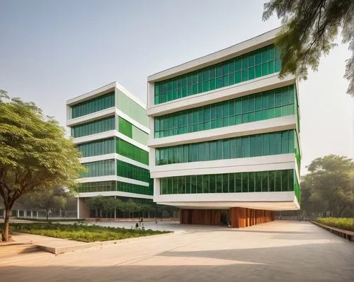 Delhi School of Architecture and Design, Kirti Nagar, modern building, angular structure, white walls, large windows, green glass facade, wooden doors, urban background, cityscape, trees lining the st