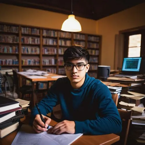 Computer, desktop, wooden table, messy cables, papers scattered, coffee cup, books piled up, computer architecture book, highlighted notes, calculator, pen holder, comfortable chair, solo male student