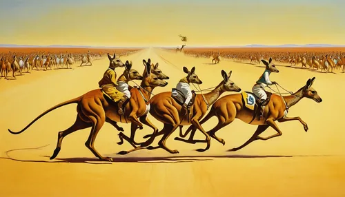 Describe the intense competition of kangaroo racing in the Outback.,camel caravan,camel train,kangaroo mob,western riding,the pied piper of hamelin,don quixote,tent pegging,hunting scene,cavalry,camel