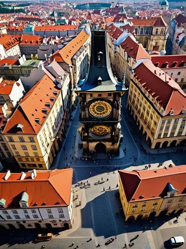 Baroque style buildings, ornate facades, grandiose entrance gates, Prague, Czech Republic, Old Town Square, Astronomical Clock Tower, Gothic spires, red rooftops, stone pavement, vibrant street perfor