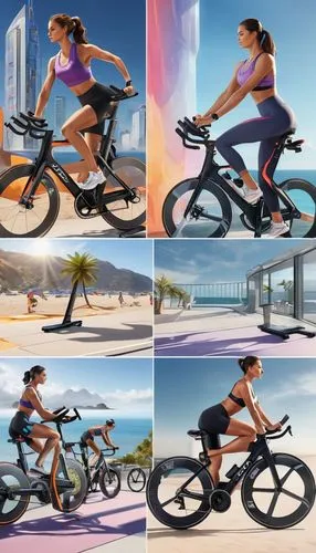 Peloton bike, sleek design, high-tech interface, modern home gym, indoor cycling, fitness enthusiast, athletic woman, fit physique, sporty outfit, yoga pants, fitted tank top, ponytail, earbuds, inten