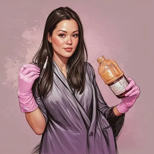 a slightly chubby 50-year-old woman, dark brown hair highlighted, holding a needle and a bottle with pink gloves,woman with ice-cream,girl with bread-and-butter,female doctor,woman drinking coffee,wom