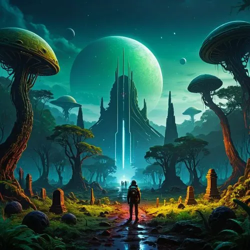 alien world,alien planet,futuristic landscape,mushroom landscape,fantasy landscape,fantasy picture,Conceptual Art,Sci-Fi,Sci-Fi 12