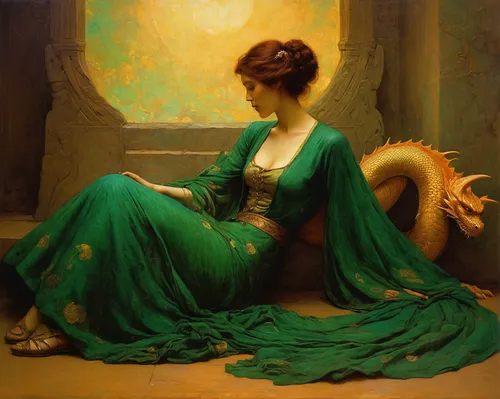 woman sitting,woman drinking coffee,emerald,emerald lizard,asher durand,green dragon,art deco woman,praying woman,girl in a long dress,emile vernon,millet,woman playing,woman praying,girl with cloth,woman frog,harpist,accolade,woman thinking,crème de menthe,celtic harp,Art,Classical Oil Painting,Classical Oil Painting 44