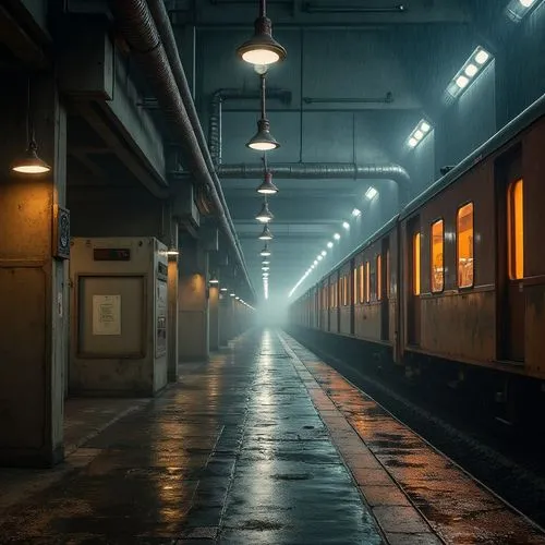 Brutalist train station, industrial atmosphere, copper material accents, rusty tones, exposed ductwork, concrete pillars, steel beams, minimalist lighting, functional architecture, modern brutalist st