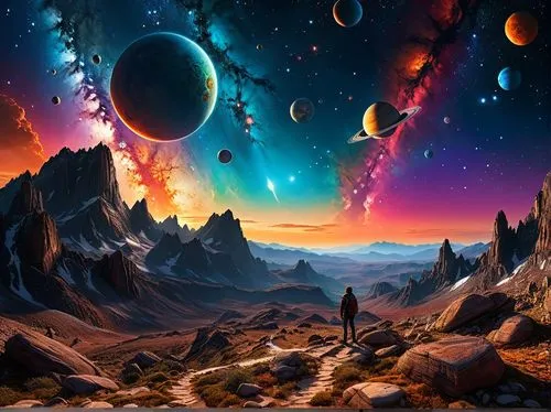 Imagine standing on a rugged, rocky landscape under a fantastical sky. Above, a breathtaking view unfolds with planets of various sizes and colors scattered across the sky. Stars twinkle brightly, cre