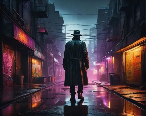 Dark, cyberpunk, futuristic cityscape, nighttime, neon lights reflecting off wet asphalt, towering skyscrapers with holographic advertisements, foggy mist surrounding city streets, lone figure in long