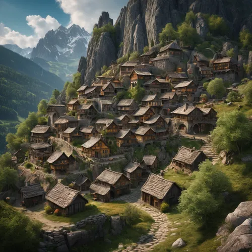 mountain settlement,alpine village,mountain village,mountain huts,escher village,villages,knight village,meteora,house in mountains,medieval town,aurora village,wooden houses,korean folk village,alpine pastures,chalets,house in the mountains,stone houses,traditional village,nativity village,tuff stone dwellings,Photography,General,Fantasy