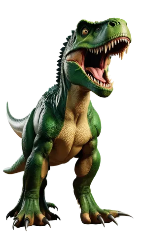 T-Rex, green scaly skin, sharp teeth, powerful legs, claws on feet, angry facial expression, solo, prehistoric era, warm color tone, cinematic lighting, close-up shot, shallow depth of field, HDR, pan