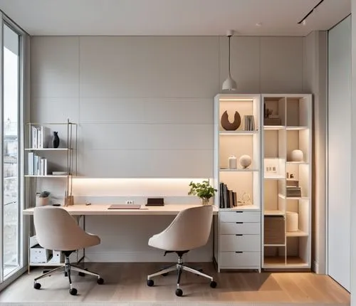 there is an empty office with two desks,modern office,scavolini,steelcase,modern kitchen interior,office desk,writing desk,Photography,General,Realistic