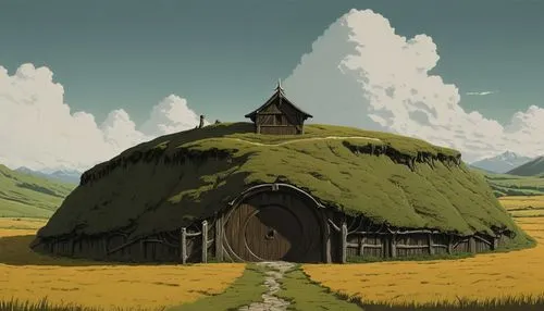 straw hut,studio ghibli,round hut,witch's house,thatched cottage,round house,farm hut,thatch roof,little house,grass roof,ancient house,thatched roof,barn,lonely house,gable field,hobbit,small house,field barn,iron age hut,dandelion hall,Illustration,Japanese style,Japanese Style 08