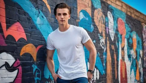 Dave Vanian, young, male, 20s, handsome detailed face, short brown hair, bright blue eyes, strong jawline, casual smile, white graphic t-shirt, dark blue skinny jeans, black sneakers, standing, leanin