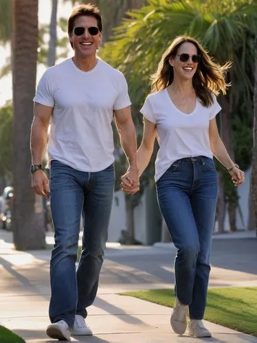 Jennifer Garner, Tom Cruise, Hollywood stars, couple, romantic, walking, hand in hand, casual wear, jeans, white T-shirt, sunglasses, smiling, laughing, sunny day, Los Angeles, Beverly Hills, palm tre