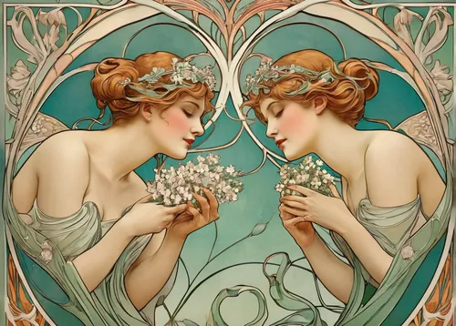 mucha,art nouveau,art nouveau design,art nouveau frames,art nouveau frame,vintage fairies,art deco frame,scent of jasmine,art deco ornament,mirror image,alfons mucha,art deco wreaths,twin flowers,kate greenaway,white butterflies,lotus hearts,lilies of the valley,art deco,art deco woman,doves of peace,Illustration,Retro,Retro 08