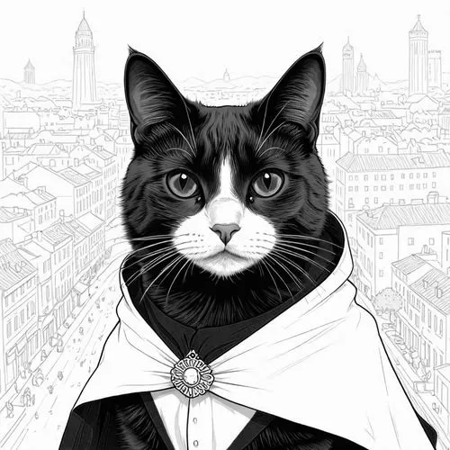 a black and white cat dressed in a tuxedo,palmerston,bulgakov,blacksad,tuxedo,cat portrait,tuxedoes,Design Sketch,Design Sketch,Detailed Outline