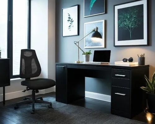 créez une photo d'ambiance avec ce siège noir sans accoudoir en PJ, dans un bureau professionnel.
Ajoutez une table, des accessoires de bureau et une plante verte,an office with a black desk, chair an