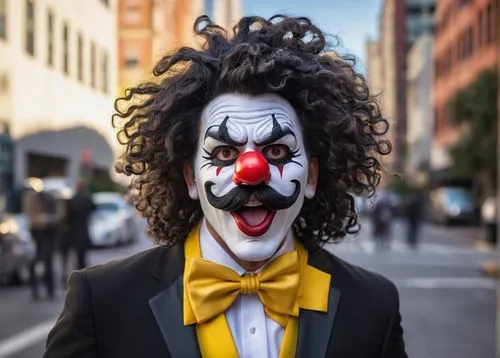 Comedy actor, wearing a colorful exaggerated mask, bright red nose, white face paint, oversized eyebrows, messy curly hair, yellow bow tie, black suit with a white shirt, standing in front of a city s