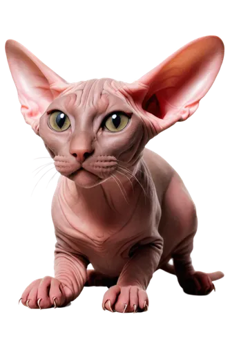 Hairless cat, Sphynx, sleek body, wrinkled skin, large ears, big eyes, whisker-less, pink nose, sitting, lying down, crawling, playful, curious, softbox lighting, 3/4 composition, shallow depth of fie