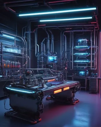 Vulkan-inspired, futuristic laboratory, stable diffusion chamber, metallic structure, glass container, steam pipes, LED lights, holographic display, sci-fi console, robotic arms, experimental equipmen