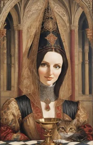 A fascinating medieval painting in the style of Pinturicchio, depicting a noble lady in the style of the Duchy of Burgundy of the 15th century Renaissance. On her head is attached a tall gothic cone "