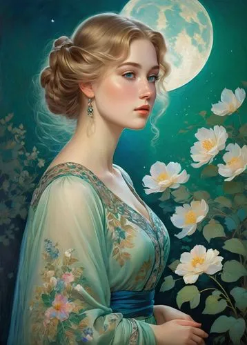 elsa,cinderella,fantasy portrait,romantic portrait,blue moon rose,jane austen,jasmine blossom,flora,young lady,rapunzel,young woman,the sleeping rose,girl in the garden,jasmine blue,mystical portrait of a girl,jasmine,oil painting on canvas,magnolia,victorian lady,girl in flowers,Art,Classical Oil Painting,Classical Oil Painting 27