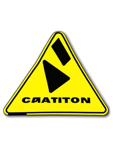 Yellow caution sign, cartoon style, bold black border, triangular shape, exclamation mark symbol, bright yellow background, shiny reflective surface, 3D effect, humorous tone, low-angle shot, warm lig