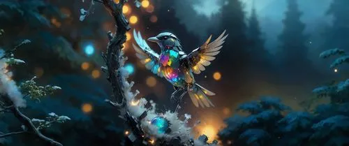 a painting of a bird perched on a tree nch in a wintery forest,elves flight,garuda,elashyi,songhai,uriri,zauriel