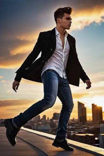 Photographer, male, 25yo, casual wear, jeans, white shirt, black jacket, Nikon camera, urban rooftop, skyscraper, modern architecture, cityscape, sunset time, warm golden light, low-angle shot, dramat