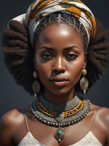 35-year-old African lady, medium sized eyes, art fusion, digital rendering, detailed, ultra hd, realistic, highly detailed, UHD drawing, perfect composition, beautifully detailed, elaborate octane vis