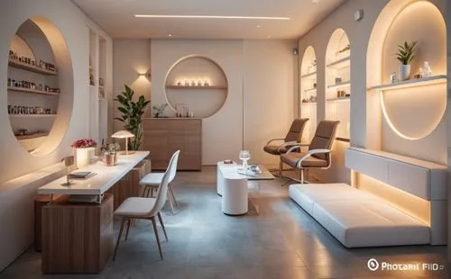 the modern salon has many different white chairs,beauty room,hairdressing salon,ivillage,mesotherapy,therapy room,treatment room,Photography,General,Commercial