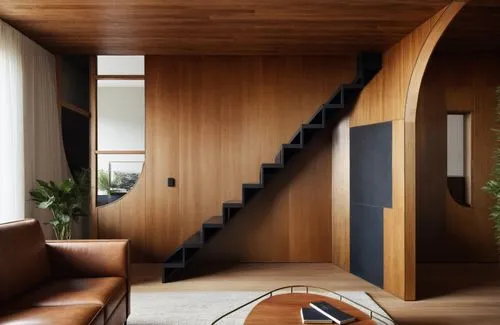 Timber and black THEME, wooden RUSTIC INTERIOR ,ULTRA 32K REALISTIC,an empty living room with some furniture in it,wooden stair railing,wooden stairs,outside staircase,interior modern design,staircase