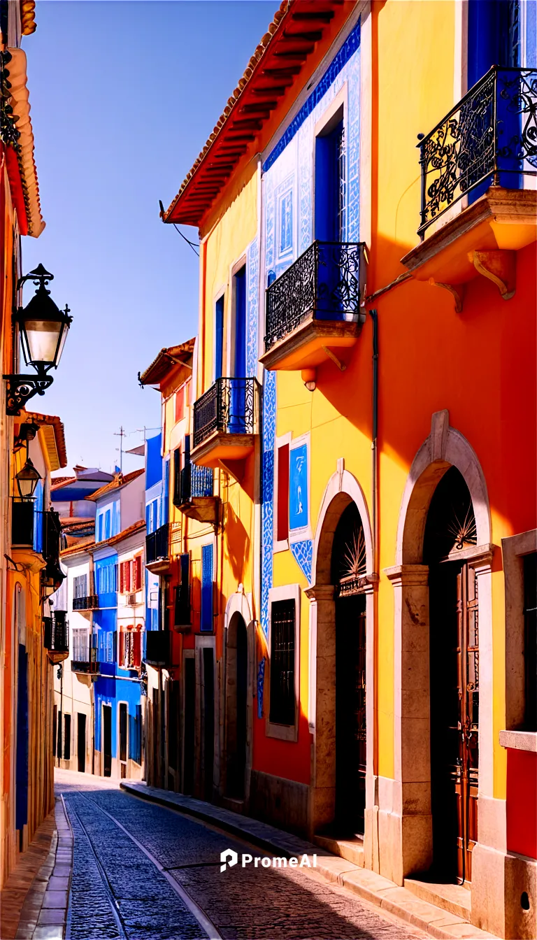 Traditional Portuguese architecture, colorful buildings, Azulejo tiles, ornate balconies, red rooftops, narrow cobblestone streets, Fado music instruments, old-fashioned street lamps, warm afternoon s