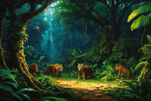 forest animals,rain forest,rainforest,monkey island,jungle,woodland animals,tropical animals,forest workers,tropical jungle,king of the jungle,hunting scene,animals hunting,the forest,wild animals crossing,world digital painting,forest background,valdivian temperate rain forest,animal lane,fantasy picture,wild animals,Art,Classical Oil Painting,Classical Oil Painting 16