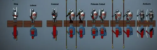 Miniature of fantasy warrior soldier and knight ,an animated of a bunch of things in different positions,polearms,tribal arrows,longbows,hand draw arrows,tridents,decorative arrows,halberds,3d archery