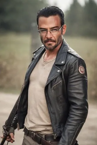 man survivor of the zombie apocalypse, THE WALKING DEAD style, strong body, Black leather jacket, baseball bat. Negan's clothes,a man with glasses and a leather jacket is walking,emraan,devgan,aamir,p