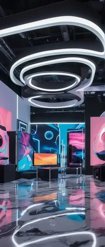 Futuristic exhibition hall, architectural digest design show 2023, modern interior, high ceilings, sleek lines, minimalist decor, LED lights, polished marble floors, geometric shapes, futuristic insta